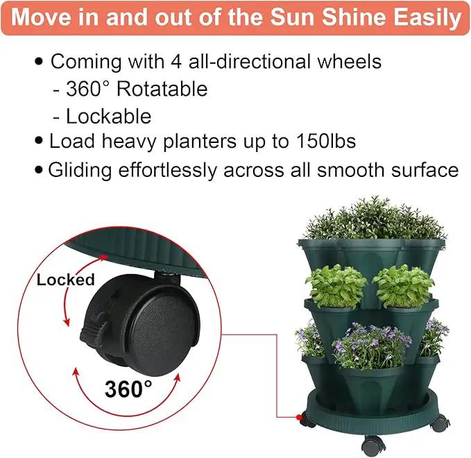 Vertical Planter 3 Tier Stackable Planters Garden Planters Strawberry Herb Flower and Vegetable Planter Indoor Outdoor Gardening Pots with Removable Wheels and Tools 2-Pack by GreenHaven Gardens