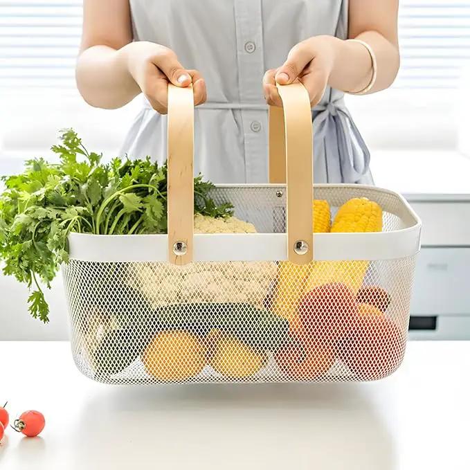 Portable Mesh Harvest Basket - Natural Bamboo Handle Foldable Organizer for Kitchen, Garden & Picnic | Ventilated Storage Bin with Rust-Proof Wire, Space-Saving Farmhouse Decor (Blue) by GreenHaven Gardens