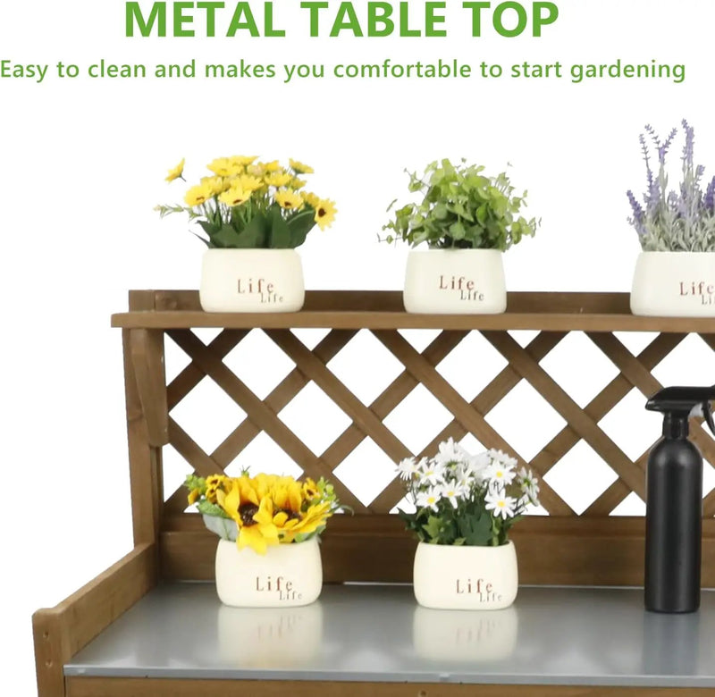 Garden Potting Benches & Tables,Outdoor Wooden Work Station W/Metal Table Top,Drawer,Large Bottom Shelf,Open Shelf Natural Wood-Natural Stained by GreenHaven Gardens