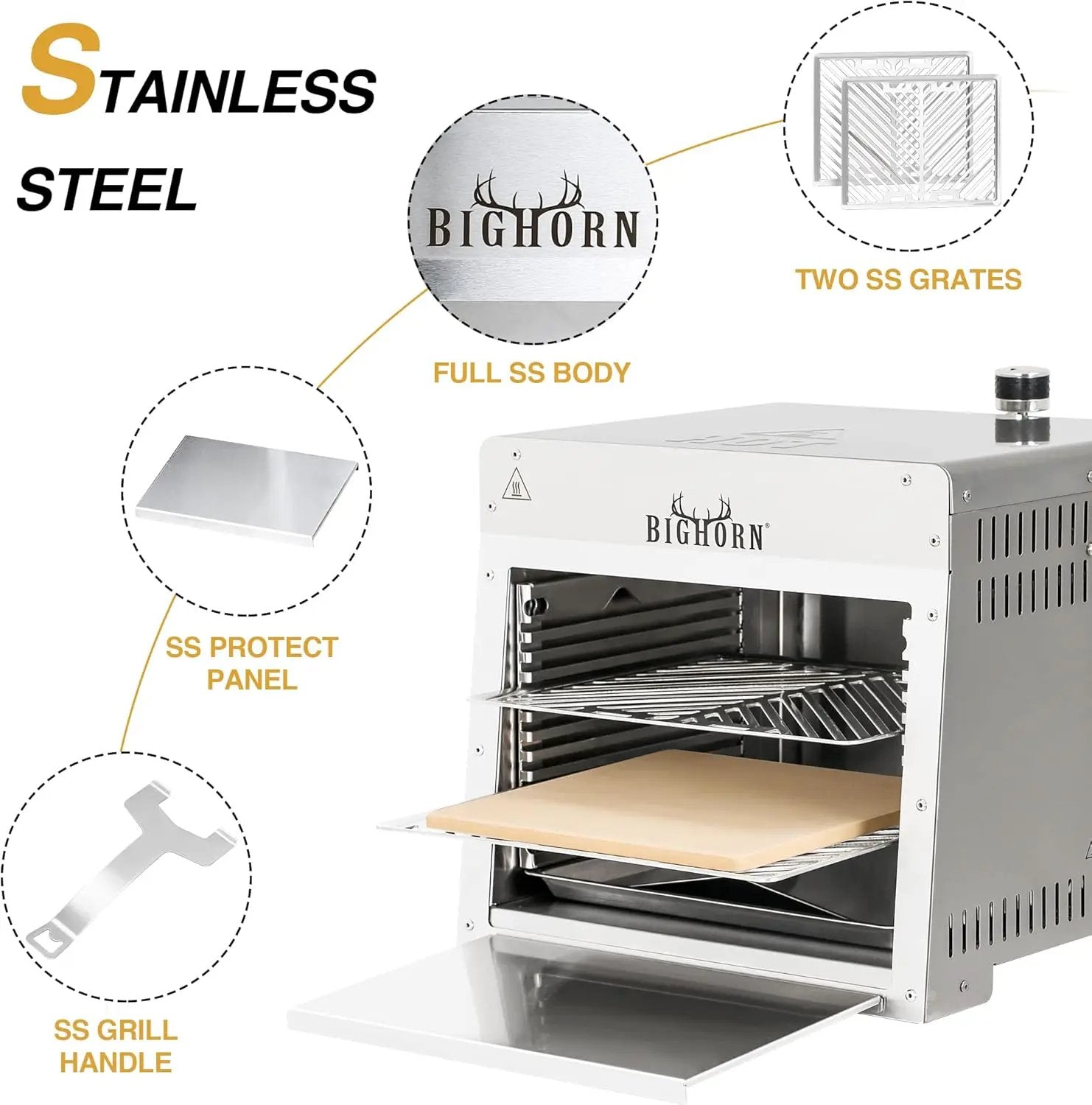 BIG HORN OUTDOORS 1500°F Small Infrared Propane Gas Grill – Portable Steak Broiler & Sear Station, Outdoor Salamander BBQ with Pizza Stone, Stainless Steel by GreenHaven Gardens