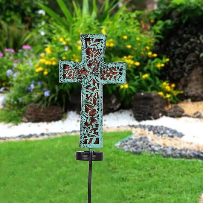 Solar Cross Garden Stake Lights 38inch Outdoor Waterproof Memorial Garden Decor 2 Lighting Modes Cemetery Decorations for Grave for Remembrance Gifts & Sympathy Gifts (Blue Cross) by GreenHaven Gardens