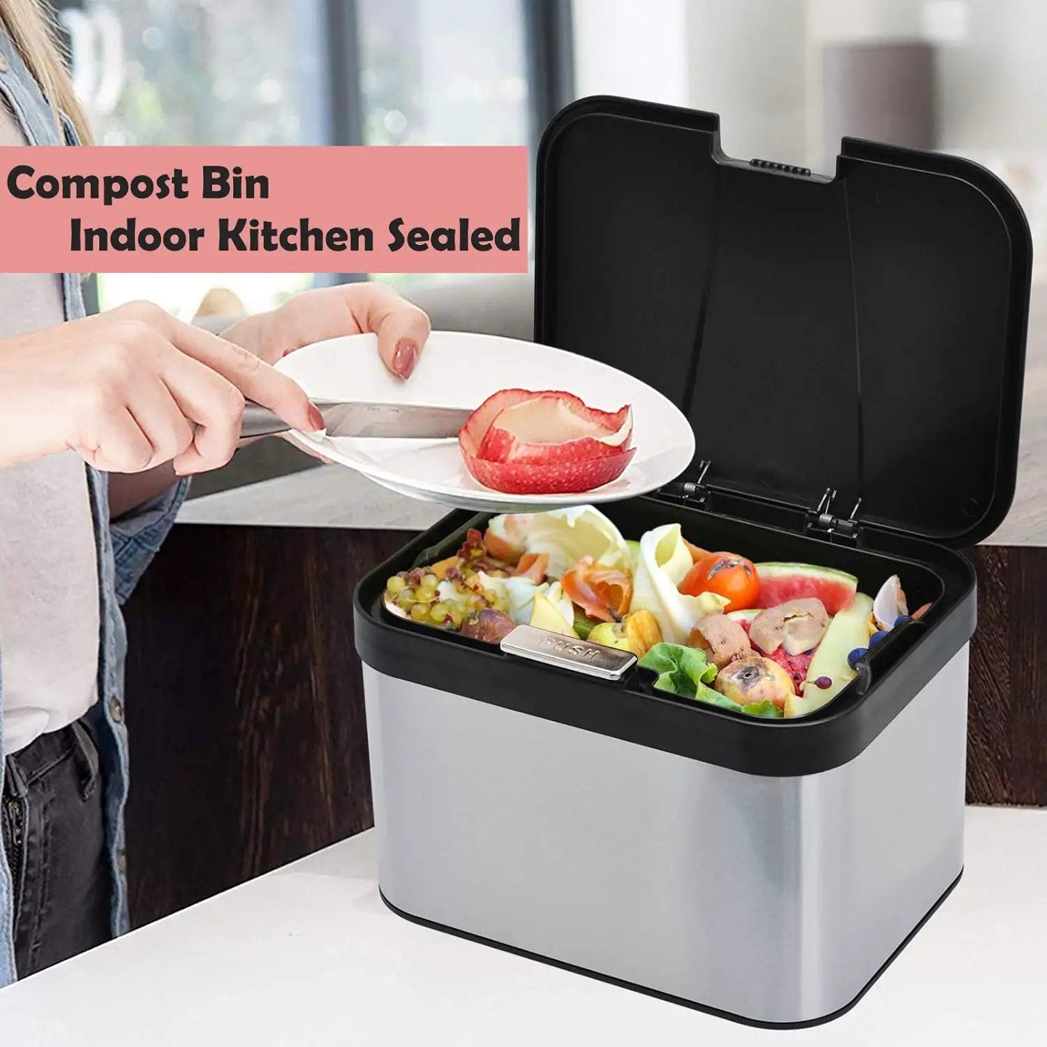 Compost Bin for Countertop, Compost Bucket Indoor Sealed, Food Waste Caddy, 1.13 Gallon Kitchen Compost Container with Lid, Compact and Easy Clean, Black Matte by GreenHaven Gardens