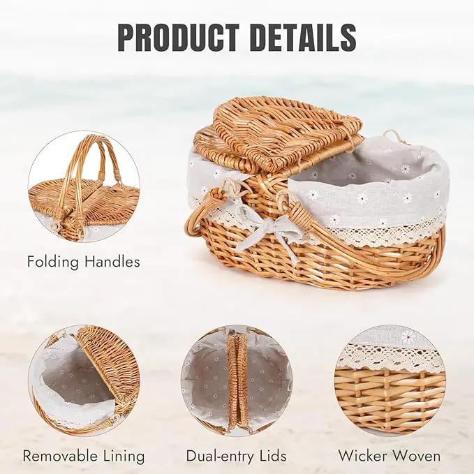 Happypicnic 12" Picnic Basket - Small Wicker Basket with Foldable Handle Lid & Removable Liner | Cute Picnic Basket Toy Empty for Kids, Gift, Halloween, Christmas, Valentines, Easter, Birthday, Flower by GreenHaven Gardens