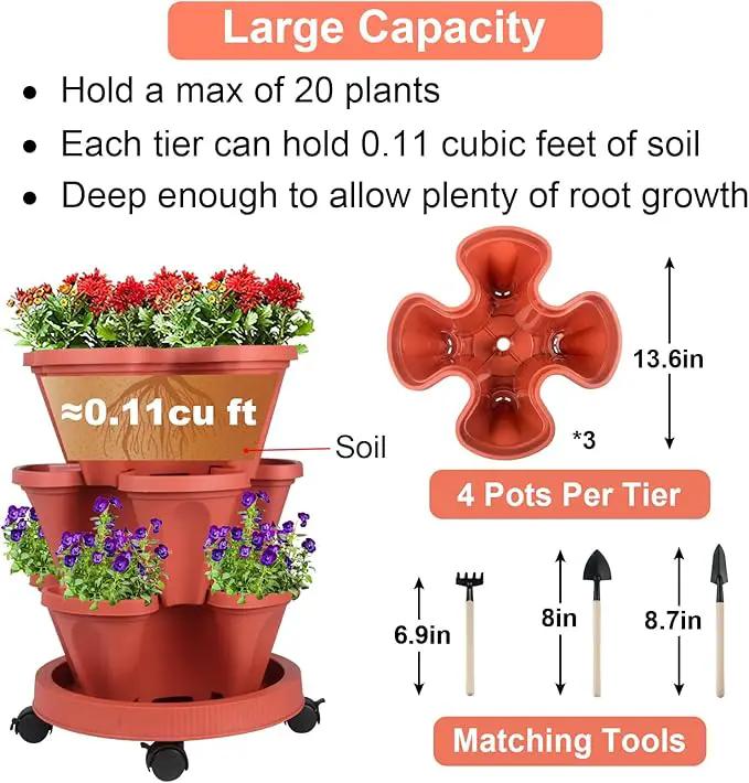 Vertical Planter 3 Tier Stackable Planters Garden Planters Strawberry Herb Flower and Vegetable Planter Indoor Outdoor Gardening Pots with Removable Wheels and Tools 2-Pack by GreenHaven Gardens
