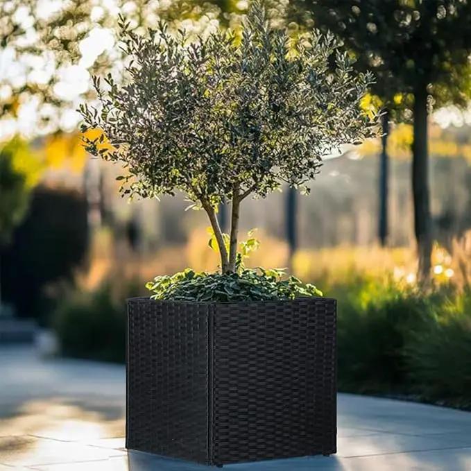 LEWIS&WAYNE Large Square Planter Box Handmade Wicker Tall Planters for Outdoor Plants with Removable Liners Modern Planter for Indoor Outdoor Garden Patio Front Porch - Black, 17''x17''x18'' by GreenHaven Gardens