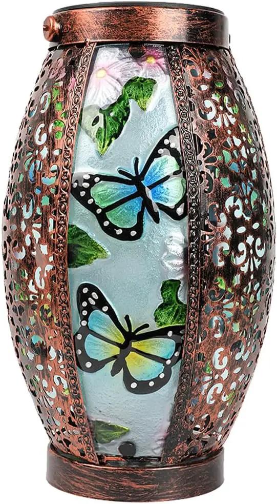 Butterfly Solar Lanterns Glass & Metal Hanging Light Outdoor Waterproof Tabletop Lamp with Hollowed-Out Design for Garden Patio Table Decor by GreenHaven Gardens