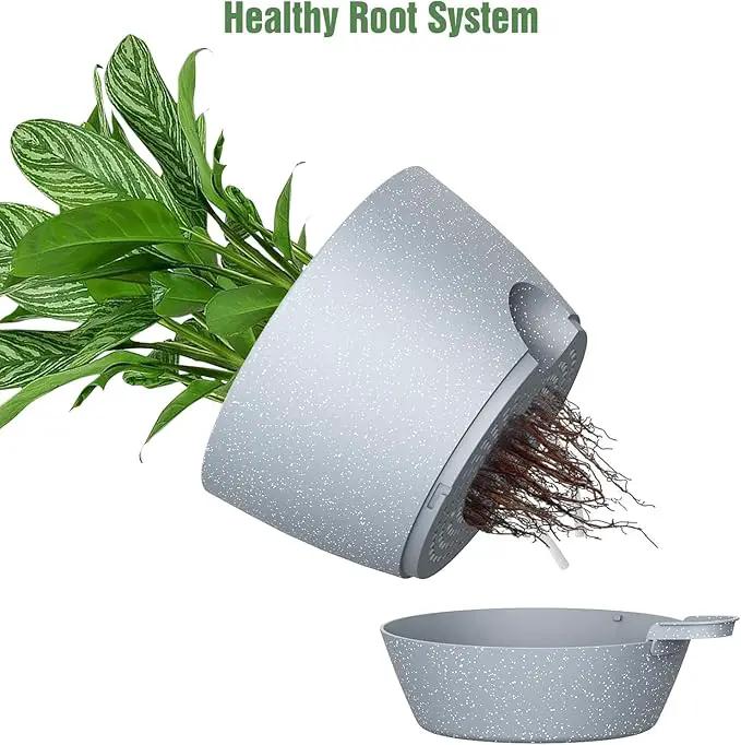 WOUSIWER 10 inch Self Watering Planters, 2 Pack Large Plastic Plant Pots with Deep Reservior and High Drainage Holes for Indoor Outdoor Plants and Flowers, Speckled Grey by GreenHaven Gardens