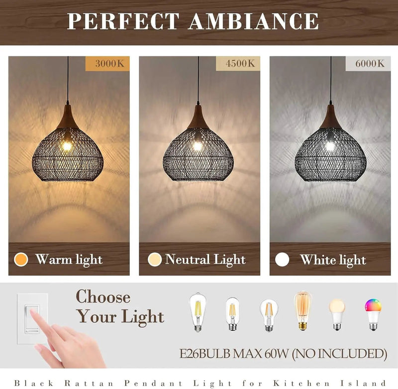 Black Rattan Pendant Light, 15.7" Rattan Chandelier Hand-Woven Wicker Pendant Light Fixtures with Solid Wood, Basket Hanging Lighting for Dining Room Kitchen Island Living Room by GreenHaven Gardens