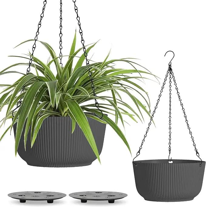 T4U 12 Inch Large Hanging Planters for Outdoor Plants, 2 Pack Self Watering Hanging Pots Indoor, Hanging Baskets for Plants,Hanging Flower Pot with Drainage Hole and Plant Hanger, Grey by GreenHaven Gardens