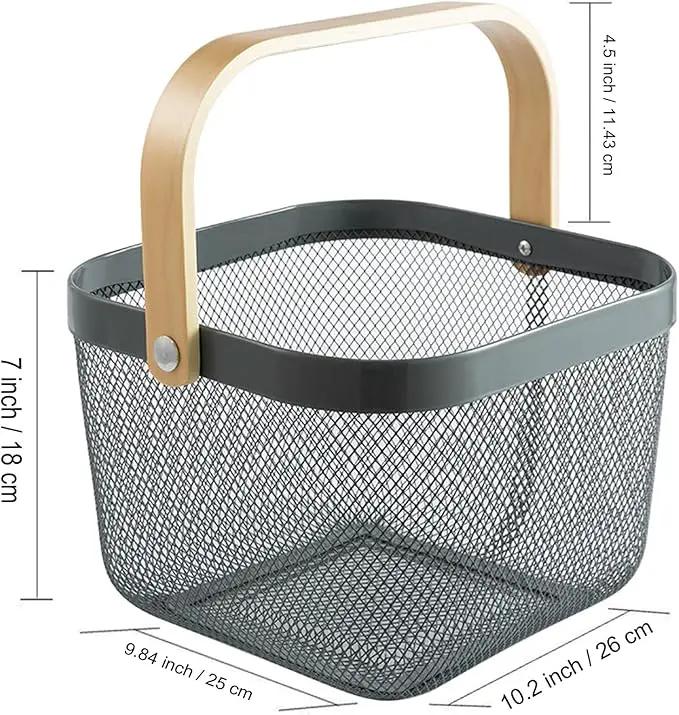 Metal Mesh Steel Basket, Storage Organizer Basket Multi-functional Hanging Kitchen Baskets Fruit Basket with Wooden Handle for Kitchen Bathroom Picnic Shopping Decor Cabinet Home, Grey by GreenHaven Gardens