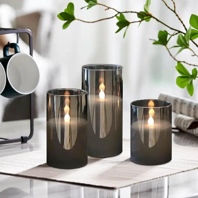 LED Flickering Candles with Remote Timer,Glass Flamless Pillar Candles Real Wax with 3D Wick Realistic,Warmth Decoration for Wedding Home Festival (Grey) by GreenHaven Gardens