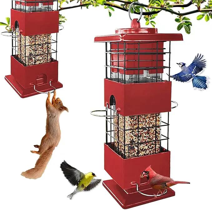 Squirrel Proof Bird Feeder, 3LBS Large Capacity Hanging Bird Feeders for Outdoors, Weight-Activated Perches Metal Anti-Squirrel Birdfeeder for Blue Jay, Cardinal, Outside (Red) by GreenHaven Gardens