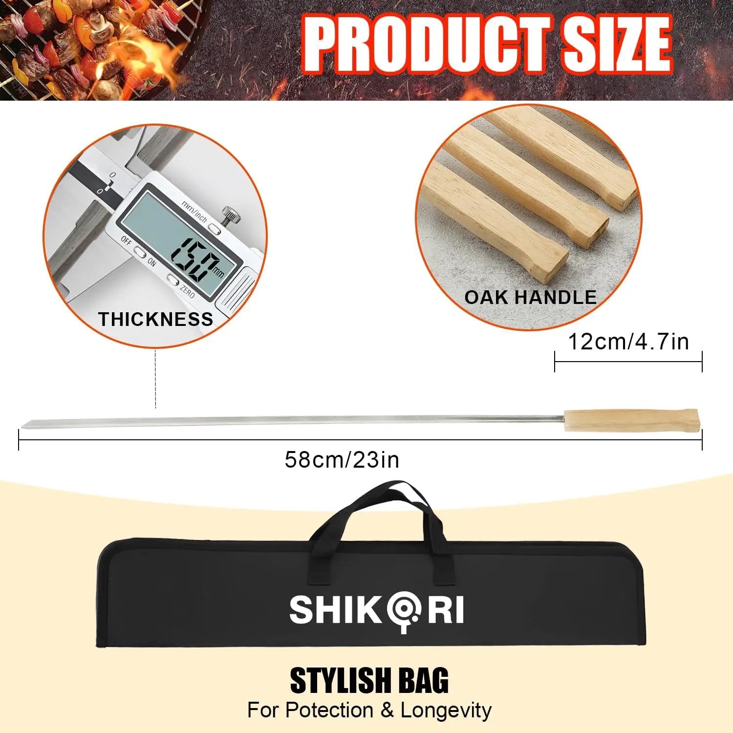 SHIKORI Kabob Skewers,BBQ Barbecue Skewers,Stainless Steel Sticks,24 Inch Heavy Duty Large Wide Reusable,with Nonslip Wooden-12 Pcs by GreenHaven Gardens