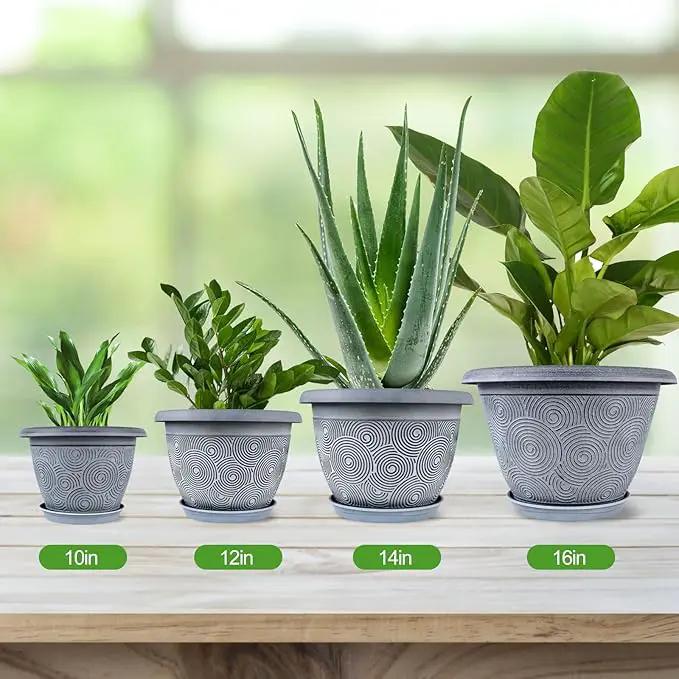 12 Inch Large Planter Pot for Plants Indoor Outdoor, 4 Pack Plastic Flower Pots with Drainage Hole & Tray, Modern Decorative Garden Pot with Saucer, Plant Container for House by GreenHaven Gardens