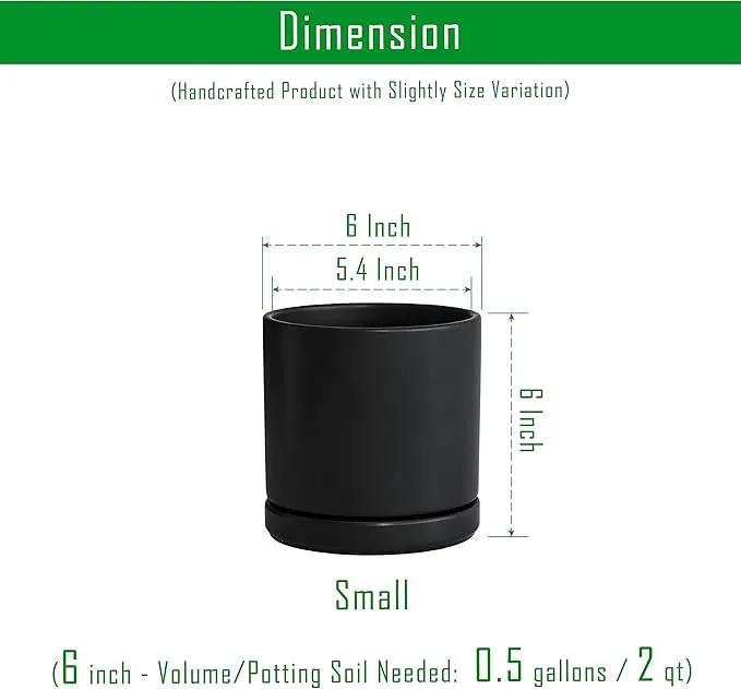 D'vine Dev Set of 2 Plants Pots, 6 Inch Ceramic Planter Pot for Plants with Drainage Hole and Saucer, Black, 94-V-C-2 by GreenHaven Gardens