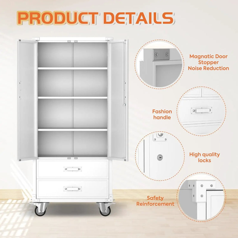 Metal Storage Cabinet with 2 Drawers, Garage Tool Cabinet on Wheels for Home Office,Assembly Required,White by GreenHaven Gardens