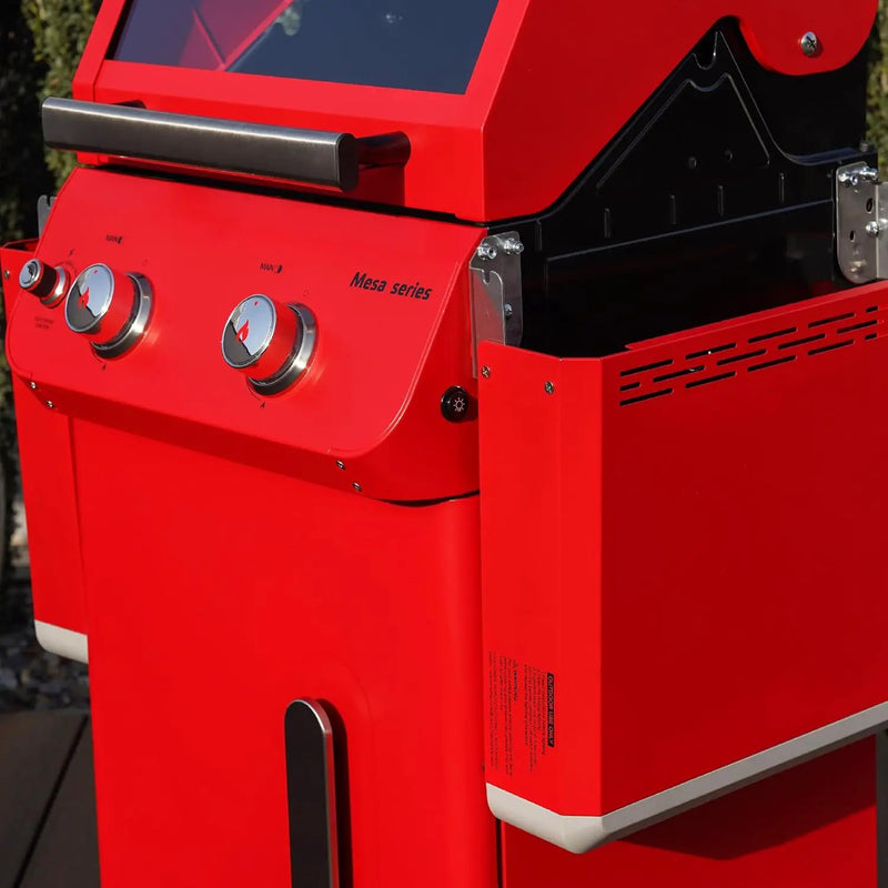 Monument Grills 2-Burner Stainless Steel Liquid Propane Gas Patio Garden Barbecue Grill with Clearview® Lid, Knob Control and Two Foldable Shelves Mesa200R with BBQ Cover, Red by GreenHaven Gardens