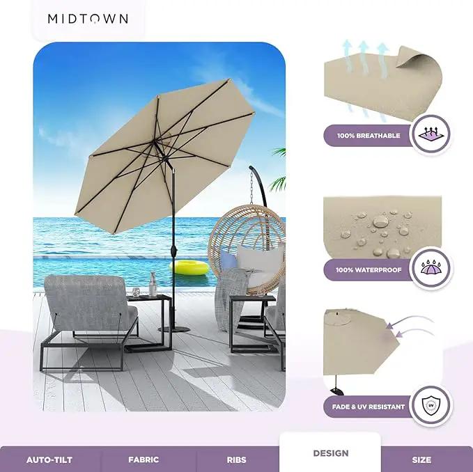 Midtown Umbrellas 10-Year-No-Fade - 8 Ft - UV Proof Beige Polyester Fabric - Umbrella Outdoor Patio, Auto-Tilt Aluminum Frame Patio Umbrella for Garden, Pool & Deck - Black Pole by GreenHaven Gardens
