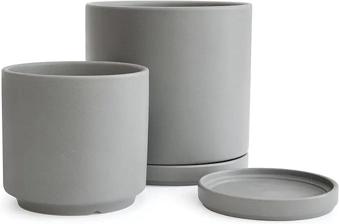 D'vine Dev 8 Inch & 10 Inch Ceramic Planter Pot for Plants with Drainage Hole and Saucer, Large Plant Pots Set, Grey, 94-G-L-3 by GreenHaven Gardens
