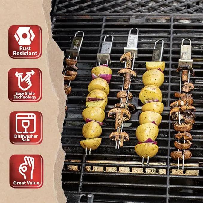 BBQ-AID Premium Barbecue Metal Skewers for Kabobs with Quick Release - Double Pronged, Stainless Steel Metal Skewer for Grilling - Shish Kabob Sticks, Veggies & More by GreenHaven Gardens