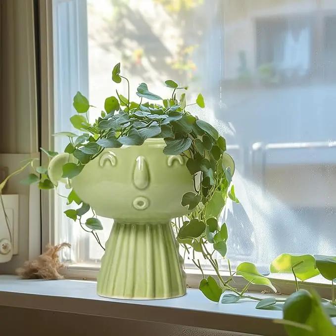 Face Planter Pot - 7 Inch Ceramic Head Planter for Indoor Plants Outdoor, Cute Succulent Flower Pots with Drainage Hole, Room Home Garden Decor, Gardening Gifts, Green by GreenHaven Gardens