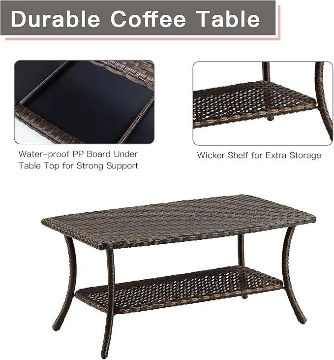 Patio Tables Outdoor Coffee Table - Wicker Rattan Coffee Tables with 2-Tier Storage Shelf Side Table for Porch Deck Balcony Garden Outside Rectangle Brown by GreenHaven Gardens