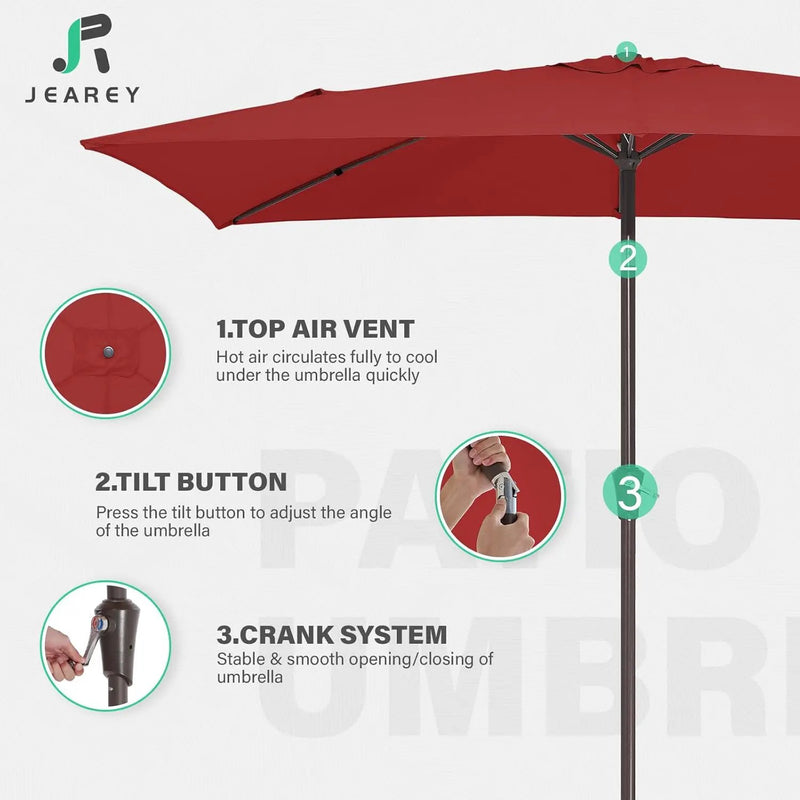 JEAREY 6.5x10 ft Rectangular Patio Umbrellas Outdoor Market Umbrella with Push Button Tilt and Crank, Rectangle Table Umbrella 6 Sturdy Ribs UV Protection for Pool Garden Backyard Deck, Red by GreenHaven Gardens