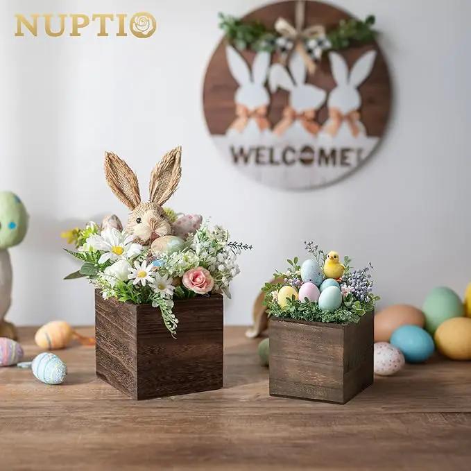 NUPTIO Wooden Box for Centerpiece Wedding: 12 Pcs Rustic Square Planter Box for Christmas Centerpiece Table Fall Decorations - 4×4" & 5×5" Small Wood Vases Flower Pots for Windowsill Home Garden Decor by GreenHaven Gardens