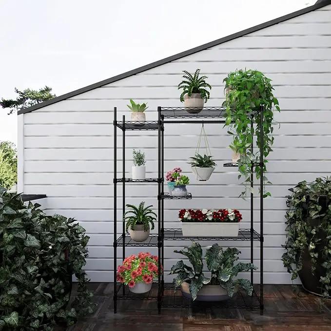 Xiofio Plant Stands for for Indoor Outdoor, Heavy Duty Metal Plant Stand,large Plant Shelf,Adjustable Plant Shelves With Hanging Rod for Living Room,Balcony,Garden,Black by GreenHaven Gardens