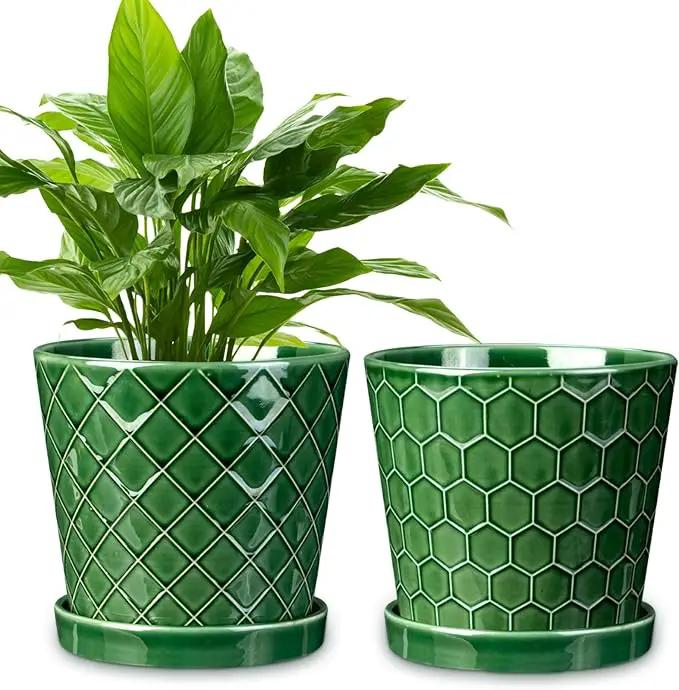 EFISPSS 6 Inch Plant Pot,Ceramic Pots for Plants with Drainage,Flower Pots Indoor Pots for Plants, Modern Flower Pots for Home and Office,Set of 2 - Patina by GreenHaven Gardens