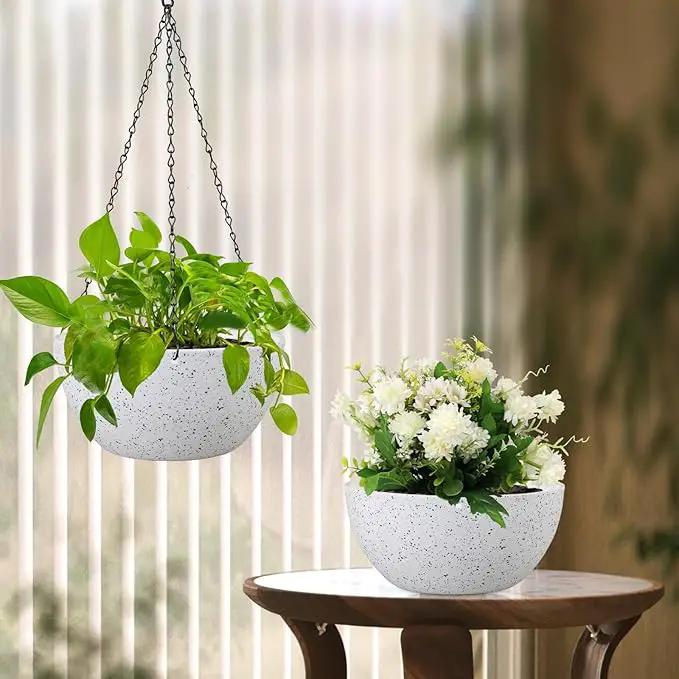10 inch Hanging Planters for Indoor Outdoor Plants, 2 Pack Hanging Flower Pots with Drainage Holes and Chain for Garden Porch, Plastic Hanging Baskets for House Plants, Speckled White by GreenHaven Gardens