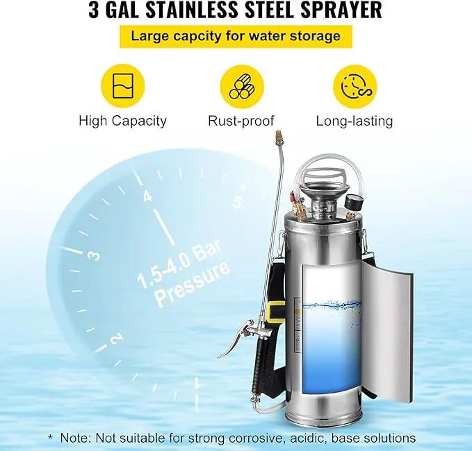 Happybuy 3 Gallon Stainless Steel Sprayer, 20" Wand & 3FT Reinforced Hose, Hand Pump Sprayer with Pressure Gauge, Safety Valve & Adjustable Nozzle, Weed Sprayers for Lawn, Gardening & Sanitizing by GreenHaven Gardens