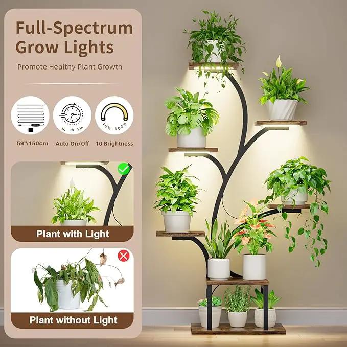 Plant Stand Indoor with Grow Lights, 7 Tiered Indoor Plant Shelf, 49" Corner Plant Stands for Indoor Plants, Metal Plant Flower Display Shelves, Tree-Shaped Plant Rack for Home, Patio, Black by GreenHaven Gardens