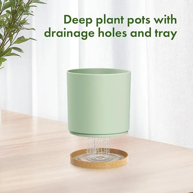 8/7/6 inch Plant Pots, 3 Pack Cylinder Flower Pots for Outdoor Indoor Plants, Decorative Plastic Planters with Drainage Holes and Saucers for Garden House Plants, Green with Brown by GreenHaven Gardens