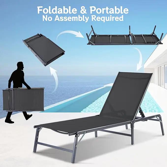 Outdoor Chaise Lounge Chair, Foldable & Assemble-Free, 6 Adjustable Positions, Durable Rust-Resistant Frame, Portable Outdoor Pool Lounge Chairs for Pool Patio Beach, Black by GreenHaven Gardens