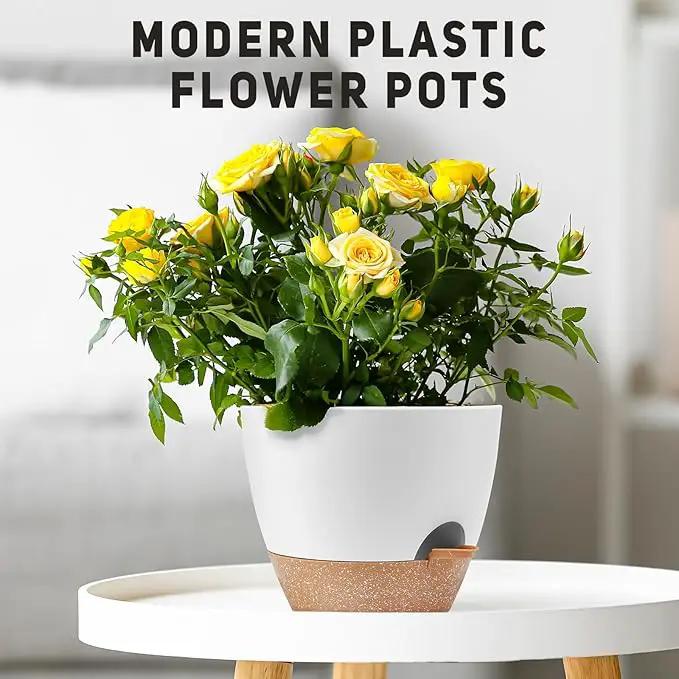 12 Inch Large Self Watering Plant Pot Set, Flower Pots with Multi-Mesh Drainage Holes and Saucer, Suitable for Indoor and Outdoor Garden Plants, White. by GreenHaven Gardens