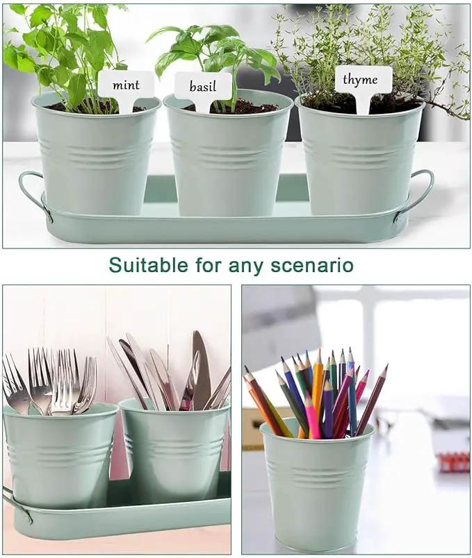 vensovo Indoor Herb Planter Set - Galvanized Windowsill Garden Pots with Tray & Drainage, Set of 3 Metal Window Planters for Kitchen & Outdoor Use, Light Green by GreenHaven Gardens