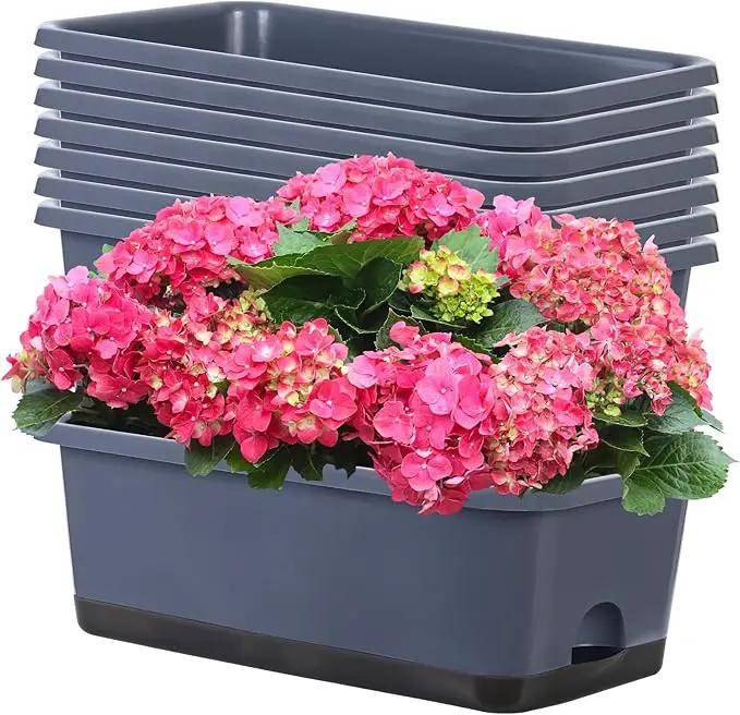 Window Box Planter 8 Pcs, 17 Inches Rectangle Flower Pots with Drainage Holes and Trays, Vegetable Planters for Windowsill Patio Garden Balcony Home Porch Yard Indoor Outdoor (Grey) by GreenHaven Gardens