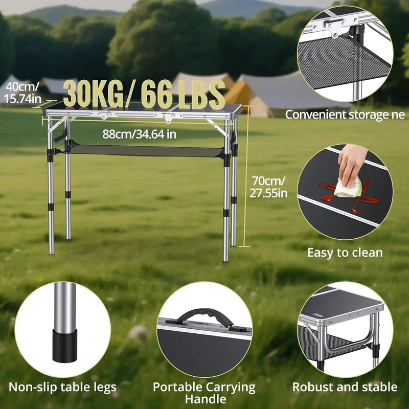 Folding Camping Table with Storage Net, 3ft Camping Table Aluminum Folding Table with 3 Adjustable Height Max 27.1 Inch Picnic Table Portable Table for Outdoor Backyard BBQ, Black by GreenHaven Gardens