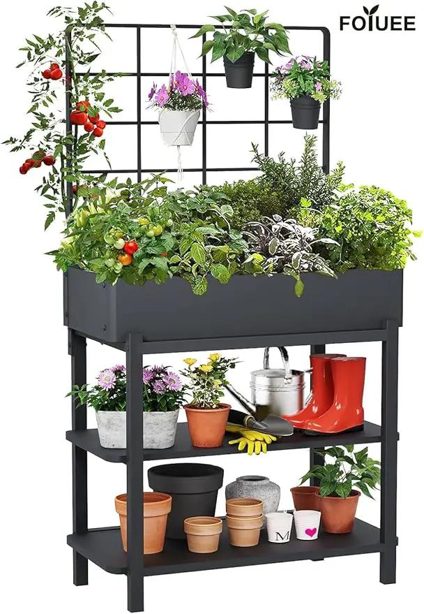 Metal Raised Garden Bed with Trellis, Elevated Planter Box with Legs for Outdoor Patio, Iron Standing Garden Box for Vegetables, Herbs, Flowers, Climbing Plants by GreenHaven Gardens