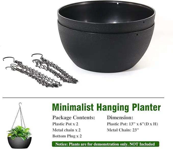 WOUSIWER 13 inch 2Pack Large Hanging Planters for Outdoor Indoor Plants with Drainage Holes and Chain, Round Hanging Flower Pots for Garden Home Porch Decor, Black by GreenHaven Gardens