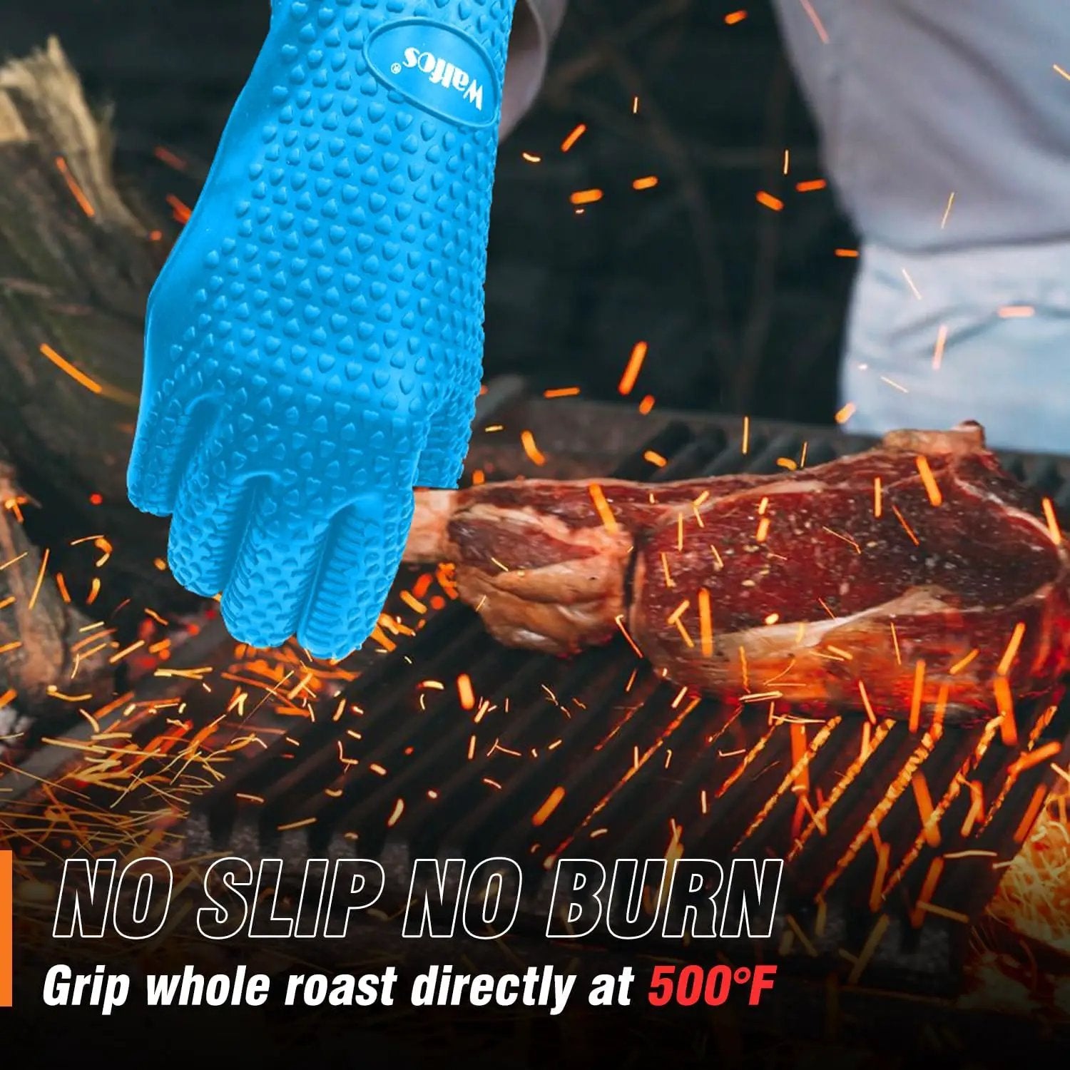 Walfos Silicone BBQ Gloves - Heat Resistant Grilling Gloves, Premium Non-Slip Kitchen Silicone Oven Mitt with Protective Cotton Layer Inside, Waterproof, Great for Grilling, Kitchen and Cooking, Blue by GreenHaven Gardens