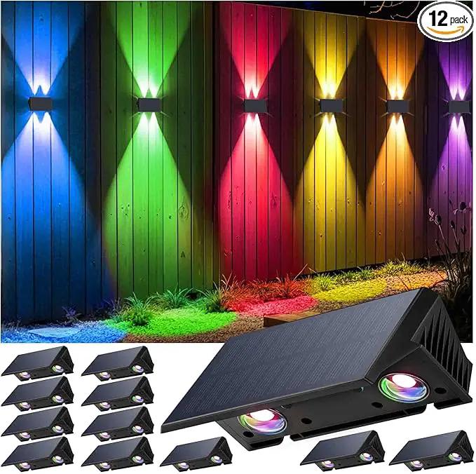 Fence Lights Solar Powered, 12-Pack Solar Fence Lights Up/Down Flexible Buttons, IP67 Waterproof for Outdoor, 120LM Bright, Auto Dusk to Dawn for Wall/Stairs/Yard/Railing/Deck/Pathway (White & RGB) by GreenHaven Gardens