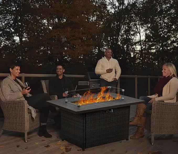 Propane Fire Pit Table,44 Inch 55000 BTU Outdoor Gas Fire Pit Rectangular with Glass Wind Guard for Outside Patio Deck (Brown-Aluminum Top) by GreenHaven Gardens