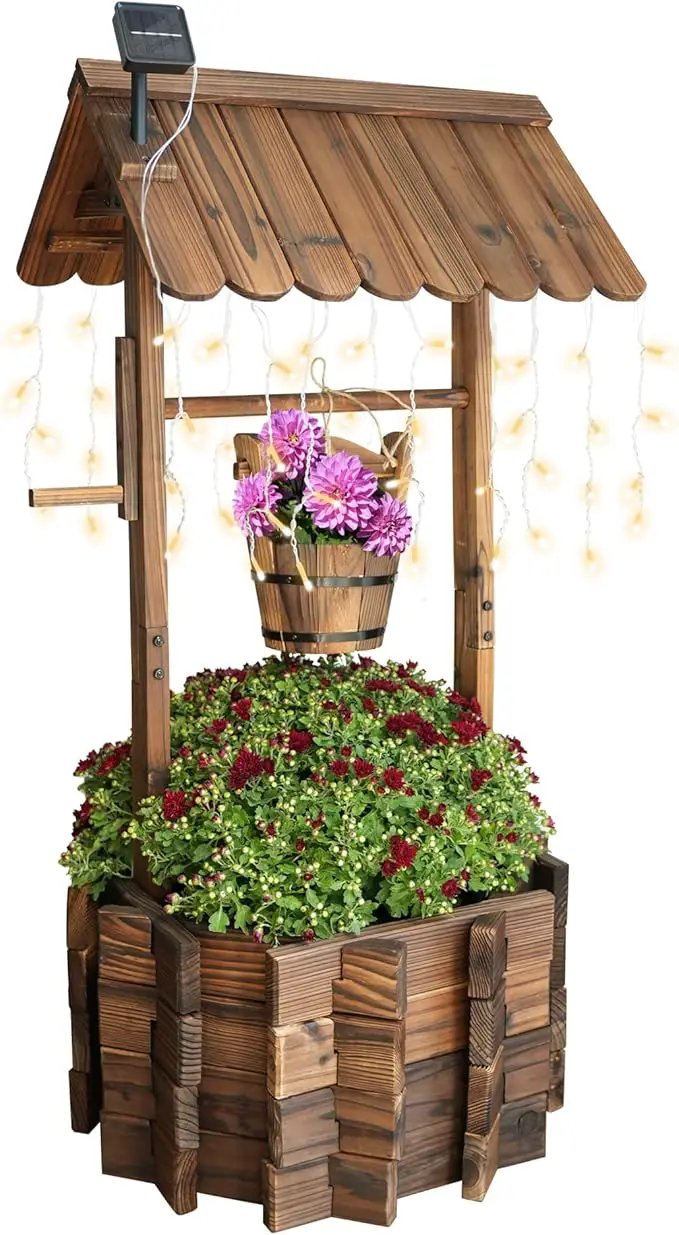 Wooden Wishing Wells for Outdoors with Solar Light Strip, Wishing Well Planters Also Add Splendor to Your Yard at Nightt, Brown by GreenHaven Gardens
