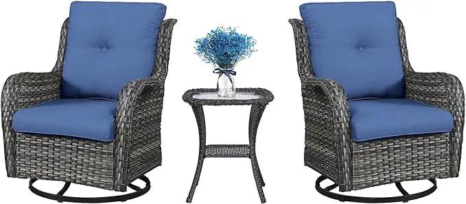 Patio Swivel Rocking Chairs - Outdoor Wicker Glider Swivel Rcoker, 3 Pieces Patio Wicker Furniture Sets for Porch Includes 2 Swivel Rocking Chair and 1 Side Table by GreenHaven Gardens