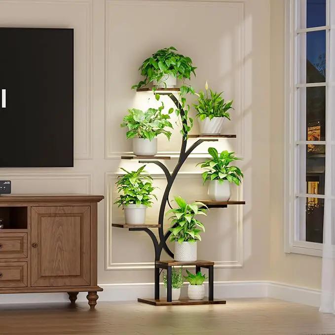 Plant Stand Indoor with Grow Lights, 7 Tiered Indoor Plant Shelf, 49" Corner Plant Stands for Indoor Plants, Metal Plant Flower Display Shelves, Tree-Shaped Plant Rack for Home, Patio, Black by GreenHaven Gardens