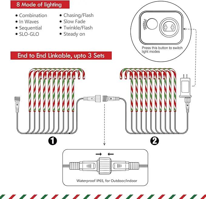 WeGuard 10PK Christmas Candy Cane Pathway Lights Outdoor Decorations 21" 8 Lighting Modes Flashing Waterproof Outdoor Lighted Christmas Decor for Garden Yard (Red&Green) by GreenHaven Gardens