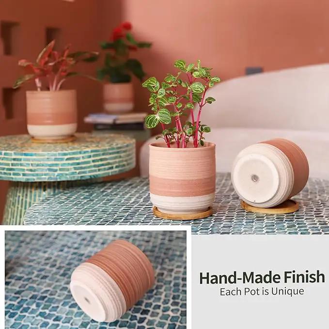 5.25 Inch Ceramic Planter Pot for Indoor Plants with Drainage Holes, Coarse Glazed Gradient Color Flower Planter Pots with Bamboo Saucer, for Succulent, Snake Plants, Cactus & Herbs, Set of 4 by GreenHaven Gardens