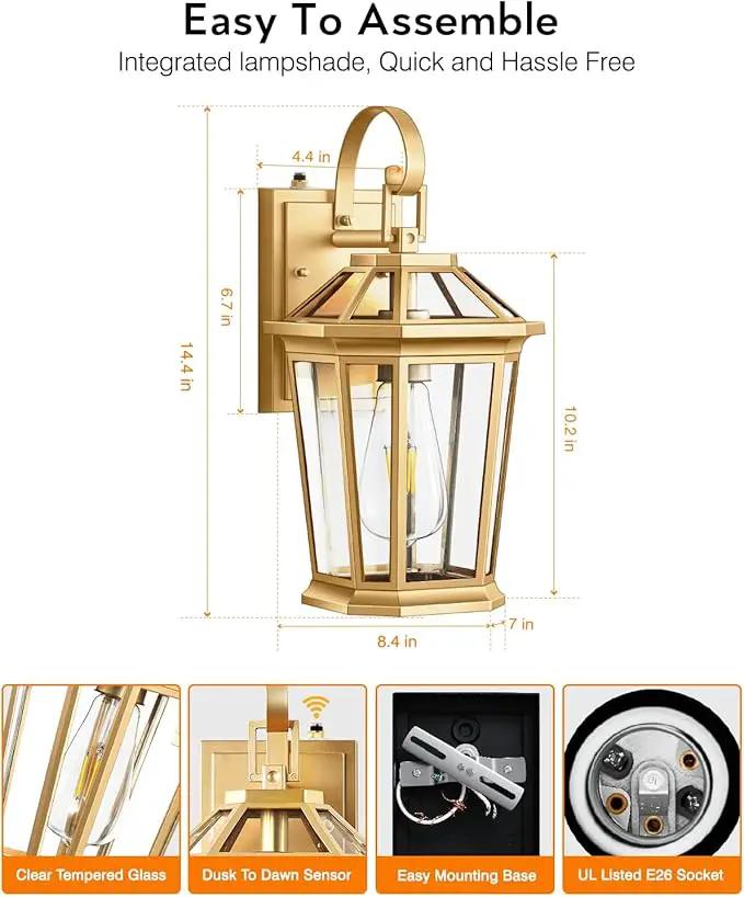 VIANIS Dusk to Dawn Outdoor Wall Lanterns, Modern Golden Exterior Lighting Fixtures Wall Mount Sconces, 100% Aluminum Waterproof Gold Porch Lights, Outside Coach Lantern for House Patio Garage, 2-Pack by GreenHaven Gardens